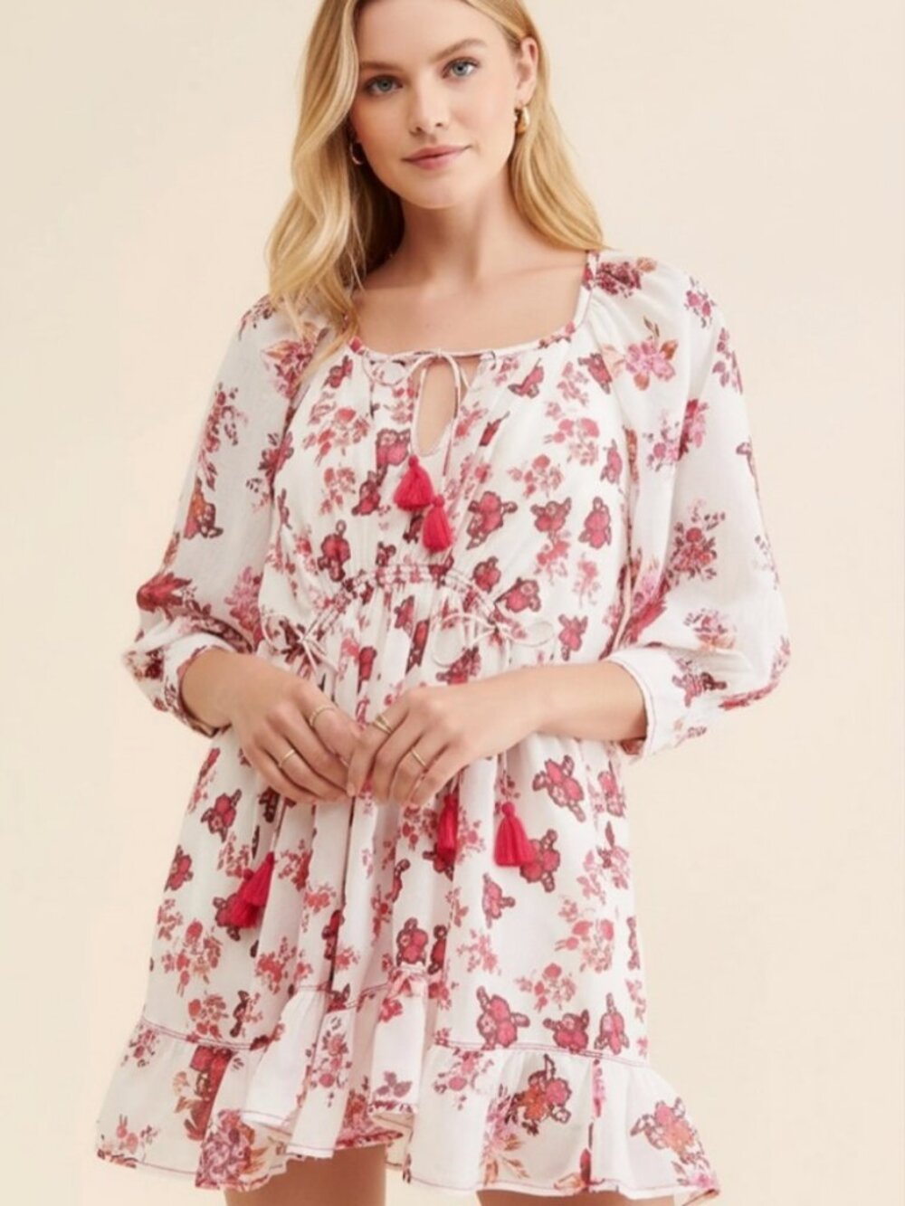 Free People Camella Mini Dress L Floral Cotton Boho Cottagecore Tassel